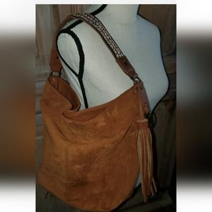 Carlos Faux Suede Tan Brown Embroidered Strap Purse Bag Tassel Hobo